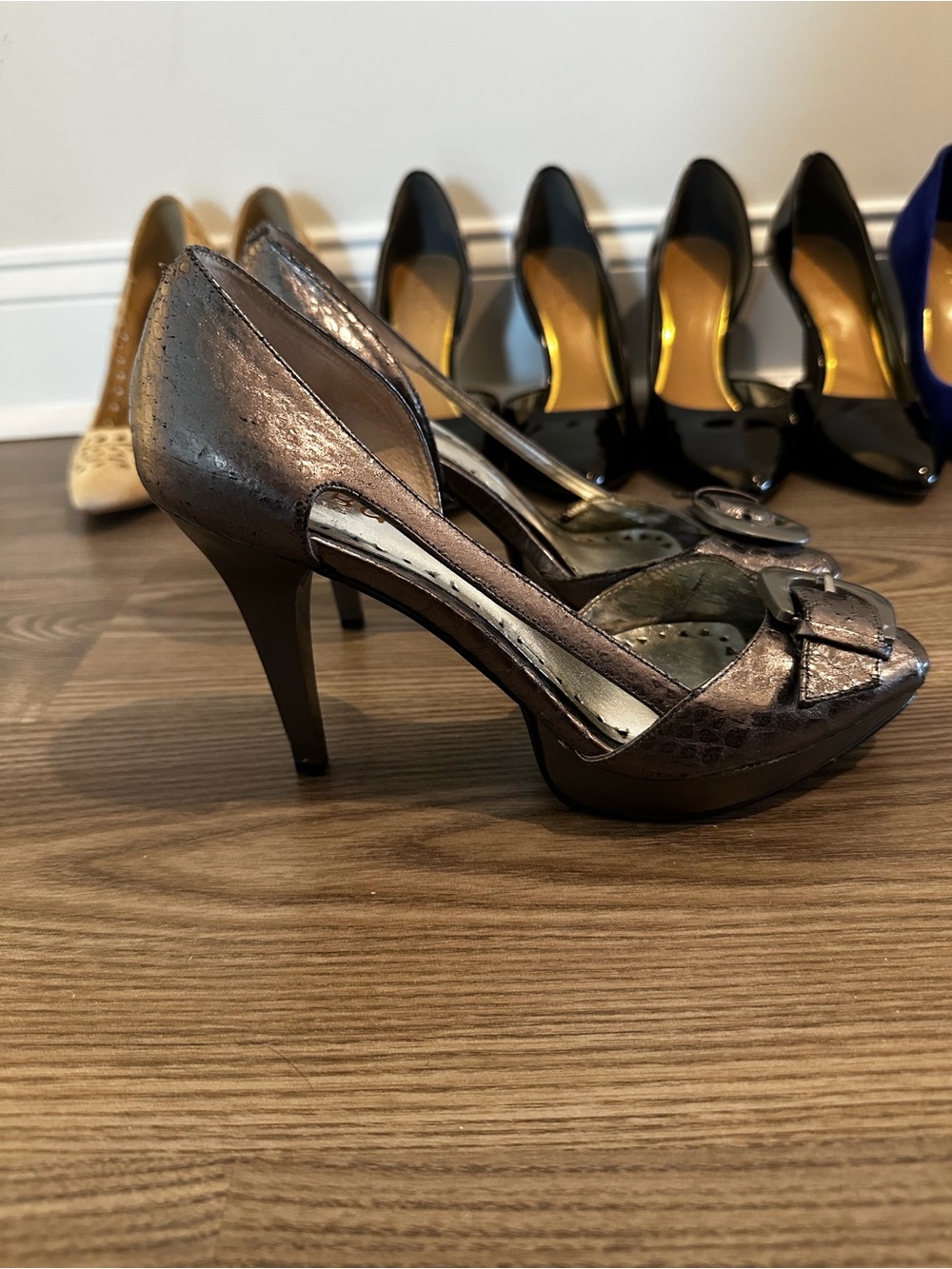 Metallic Grey Peep-Toe High Heels with Buckle Accent